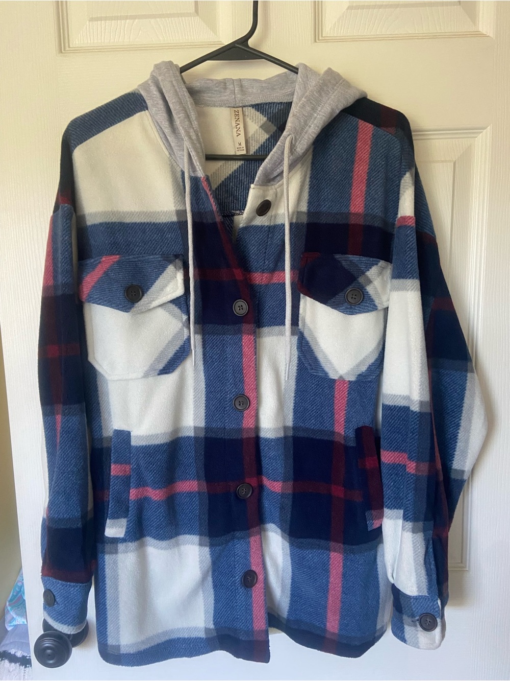 Zenana plaid hooded shacket with hood - like new!